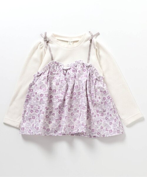 apres les cours（アプレレクール）の「【リンク/ジュニア対応】ワッフルドッキングフレアトップス（Tシャツ/カットソー・キッズ・ブラック/インディゴブルー/アイボリー/チェック・90/100/110/120/80/130/140）」の2枚目の写真