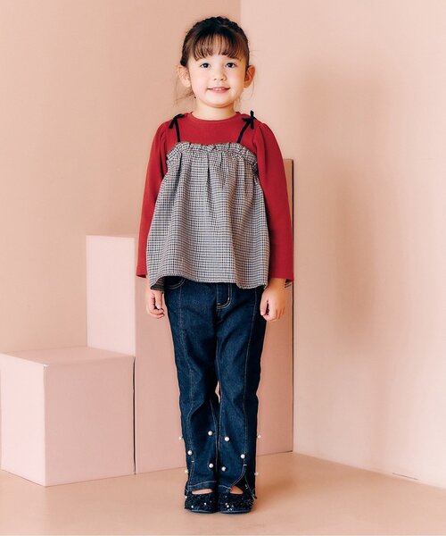 apres les cours（アプレレクール）の「【リンク/ジュニア対応】ワッフルドッキングフレアトップス（Tシャツ/カットソー・キッズ・ブラック/インディゴブルー/アイボリー/チェック・90/100/110/120/80/130/140）」の5枚目の写真