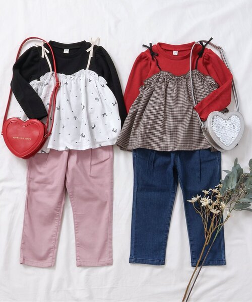 apres les cours（アプレレクール）の「【リンク/ジュニア対応】ワッフルドッキングフレアトップス（Tシャツ/カットソー・キッズ・ブラック/インディゴブルー/アイボリー/チェック・90/100/110/120/80/130/140）」の9枚目の写真