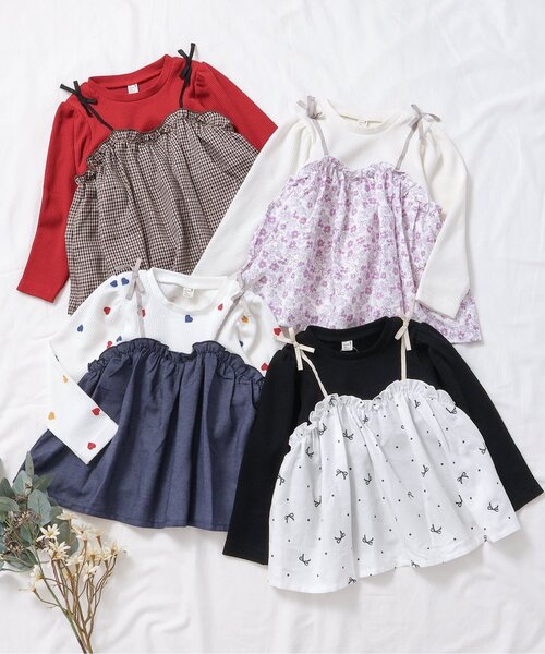 apres les cours（アプレレクール）の「【リンク/ジュニア対応】ワッフルドッキングフレアトップス（Tシャツ/カットソー・キッズ・ブラック/インディゴブルー/アイボリー/チェック・90/100/110/120/80/130/140）」の11枚目の写真