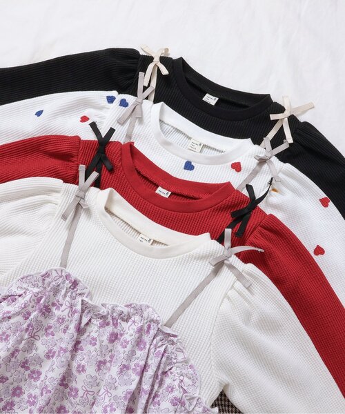 apres les cours（アプレレクール）の「【リンク/ジュニア対応】ワッフルドッキングフレアトップス（Tシャツ/カットソー・キッズ・ブラック/インディゴブルー/アイボリー/チェック・90/100/110/120/80/130/140）」の12枚目の写真