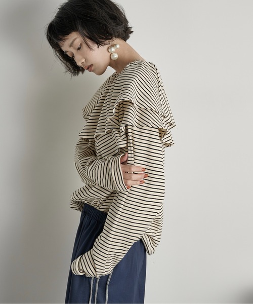 THE YOn（ザヨン）の「フリルビスチェセットリブロンT（Tシャツ/カットソー・レディース・ブラック/ホワイト×ブラック/ベージュ/グレー系・FREE）」の8枚目の写真