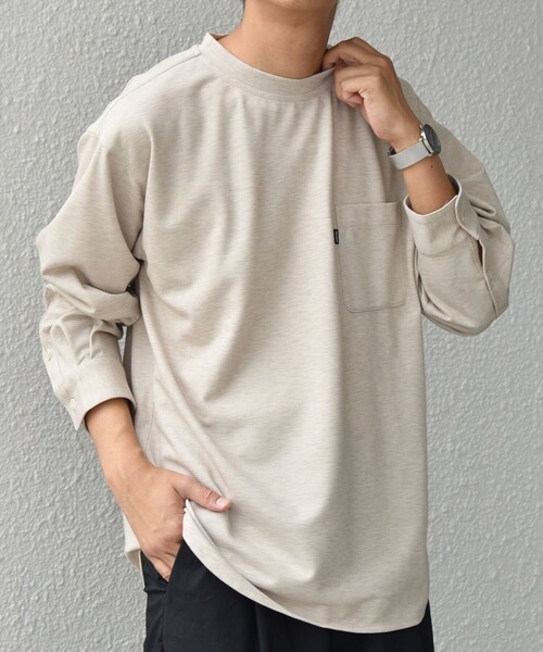 SHIPS any(シップス エニィ)の「SHIPS any: 360° THE CIRCLE STRETCH ジャガード ジャージー ポケット Tシャツ(ロンT/セットアップ対応)◇(Tシャツ/カットソー・メンズ・ベージュ/ネイビー/チャコールグレー・SMALL/MEDIUM/LARGE/X-LARGE)」の2枚目の写真