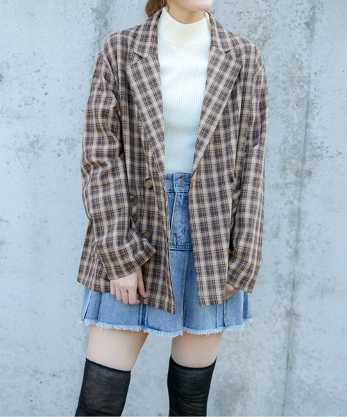 GORGE(ゴージ)の「《チェック柄×ダブルテーラー》レディース ジャケット 羽織り オーバーサイズ 春秋冬(テーラードジャケット・レディース・ブラック/グリーン/ブラウン/ダークブラウン・F)」の2枚目の写真