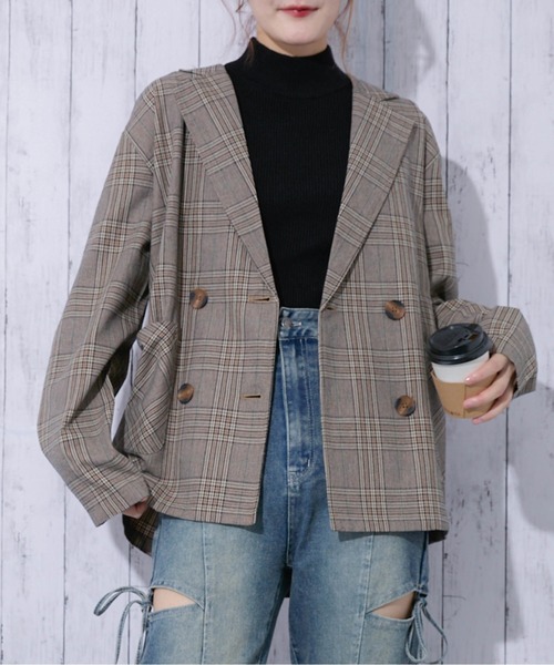 GORGE(ゴージ)の「《チェック柄×ダブルテーラー》レディース ジャケット 羽織り オーバーサイズ 春秋冬(テーラードジャケット・レディース・ブラック/グリーン/ブラウン/ダークブラウン・F)」の4枚目の写真