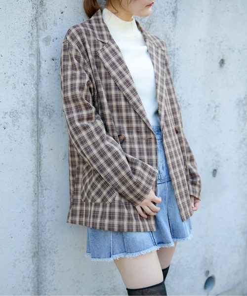 GORGE(ゴージ)の「《チェック柄×ダブルテーラー》レディース ジャケット 羽織り オーバーサイズ 春秋冬(テーラードジャケット・レディース・ブラック/グリーン/ブラウン/ダークブラウン・F)」の11枚目の写真