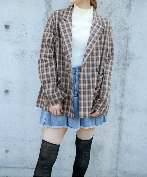 GORGE(ゴージ)の「《チェック柄×ダブルテーラー》レディース ジャケット 羽織り オーバーサイズ 春秋冬(テーラードジャケット・レディース・ブラック/グリーン/ブラウン/ダークブラウン・F)」の12枚目の写真