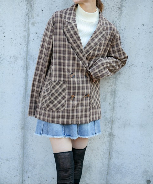 GORGE(ゴージ)の「《チェック柄×ダブルテーラー》レディース ジャケット 羽織り オーバーサイズ 春秋冬(テーラードジャケット・レディース・ブラック/グリーン/ブラウン/ダークブラウン・F)」の13枚目の写真