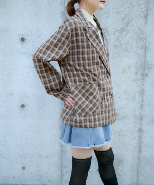GORGE(ゴージ)の「《チェック柄×ダブルテーラー》レディース ジャケット 羽織り オーバーサイズ 春秋冬(テーラードジャケット・レディース・ブラック/グリーン/ブラウン/ダークブラウン・F)」の14枚目の写真
