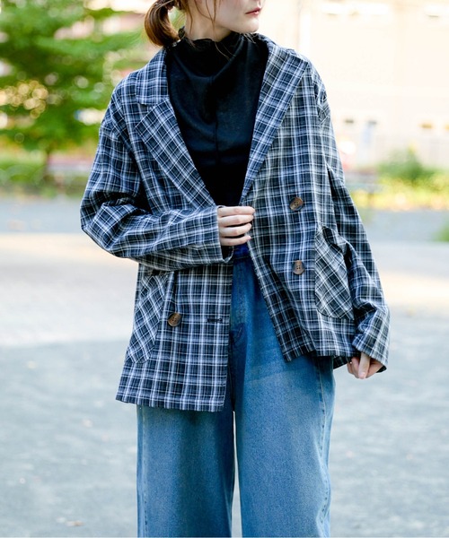 GORGE(ゴージ)の「《チェック柄×ダブルテーラー》レディース ジャケット 羽織り オーバーサイズ 春秋冬(テーラードジャケット・レディース・ブラック/グリーン/ブラウン/ダークブラウン・F)」の16枚目の写真