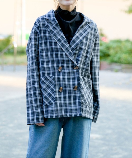 GORGE(ゴージ)の「《チェック柄×ダブルテーラー》レディース ジャケット 羽織り オーバーサイズ 春秋冬(テーラードジャケット・レディース・ブラック/グリーン/ブラウン/ダークブラウン・F)」の17枚目の写真