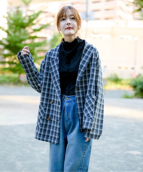 GORGE(ゴージ)の「《チェック柄×ダブルテーラー》レディース ジャケット 羽織り オーバーサイズ 春秋冬(テーラードジャケット・レディース・ブラック/グリーン/ブラウン/ダークブラウン・F)」の19枚目の写真