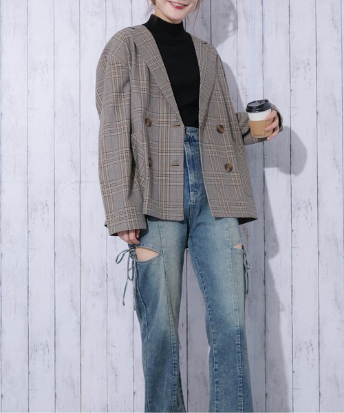 GORGE(ゴージ)の「《チェック柄×ダブルテーラー》レディース ジャケット 羽織り オーバーサイズ 春秋冬(テーラードジャケット・レディース・ブラック/グリーン/ブラウン/ダークブラウン・F)」の22枚目の写真