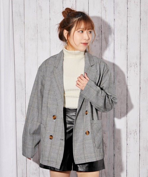 GORGE(ゴージ)の「《チェック柄×ダブルテーラー》レディース ジャケット 羽織り オーバーサイズ 春秋冬(テーラードジャケット・レディース・ブラック/グリーン/ブラウン/ダークブラウン・F)」の10枚目の写真
