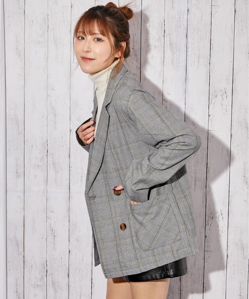 GORGE(ゴージ)の「《チェック柄×ダブルテーラー》レディース ジャケット 羽織り オーバーサイズ 春秋冬(テーラードジャケット・レディース・ブラック/グリーン/ブラウン/ダークブラウン・F)」の7枚目の写真