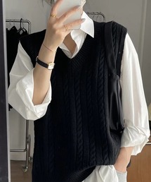 DAY CLOSET | レディース ゆるっとオーバーサイズ。ケーブル編みVネックニットベスト(ベスト)