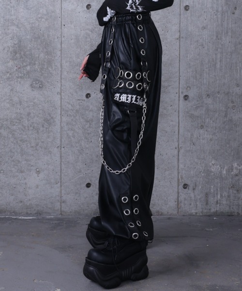 Amilige PUカーゴパンツ ブラック PUサスペンダージョガーパンツ（カーゴパンツ）｜Amilige
