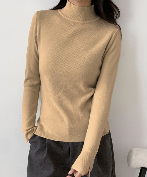 セール】ハイネック 袖ボタンニット プルオーバー 長袖 トップス