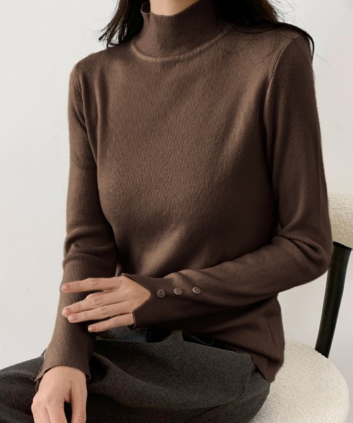 セール】ハイネック 袖ボタンニット プルオーバー 長袖 トップス