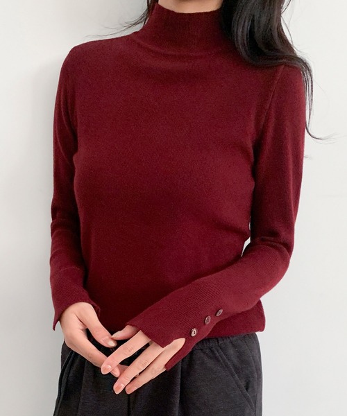 Theory ウールニット& ダークブラウン 長袖セーター ボタン付き セール】ハイネック 袖ボタンニット プルオーバー 長袖 トップス