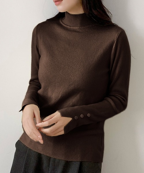 セール】ハイネック 袖ボタンニット プルオーバー 長袖 トップス