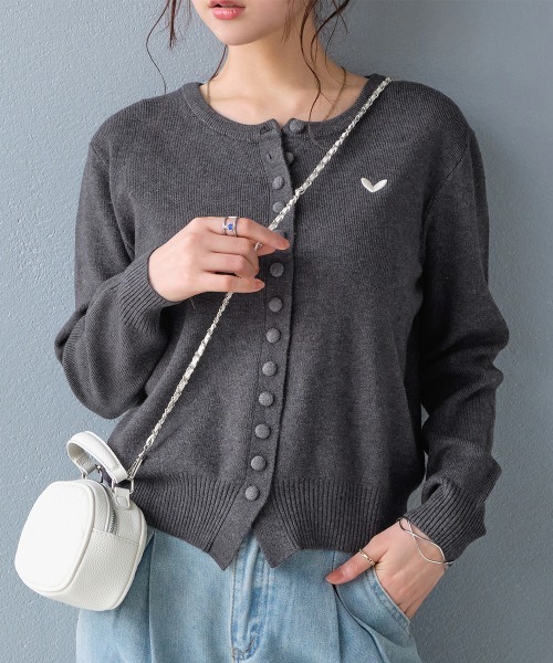 セール】ハート刺繍 ショートニットカーディガン（カーディガン/ボレロ