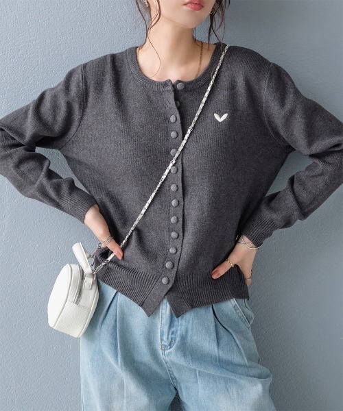セール】ハート刺繍 ショートニットカーディガン（カーディガン/ボレロ