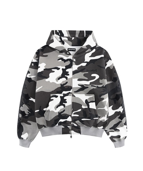 SUPPLIER（サプライヤー）の「ジップフーディ｜Camouflage Cross Leather Patch Zip Hoodie｜SUPPLIER（パーカー・メンズ・グリーン系カモフラージュ/グレー系カモフラージュ・MEDIUM/LARGE/X-LARGE/SMALL）」の2枚目の写真