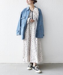 SHIPS any:〈洗濯機可能〉フラワー プリント バイカラー Vネック ギャザー ワンピース