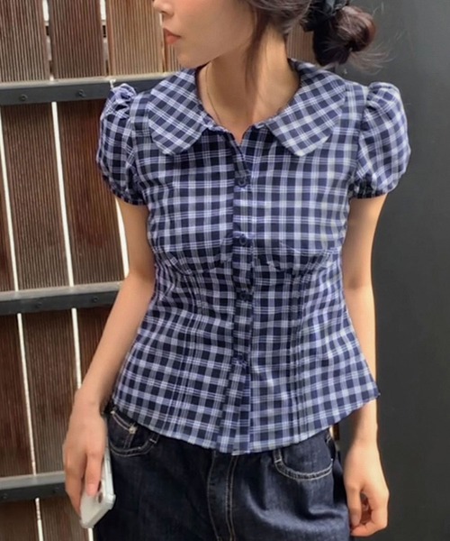 Girly Doll(ガーリードール)の「ギンガムチェック半袖シャツ(シャツ/ブラウス・レディース・ネイビー/ブルー・F)」の16枚目の写真