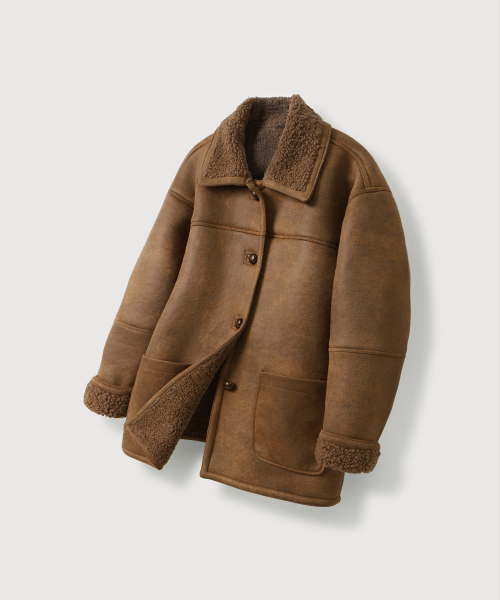 woman) ロスティックブラウンムートンハーフコート_Brown（ムートン