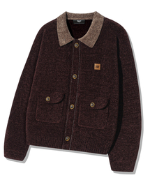 TRILLION（トリリオン）の「レザーパッチワークベルベットカーディガンニット_パープルブラウン（ニット/セーター）」