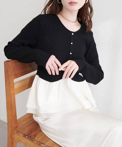 natural couture（ナチュラルクチュール）の「異素材ペプラムニット（ニット/セーター・レディース・ブラック/ネイビー/ミント/ベージュ/オフホワイト・FREE）」の2枚目の写真