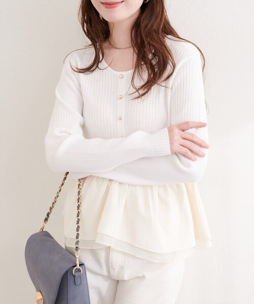 natural couture（ナチュラルクチュール）の「異素材ペプラムニット（ニット/セーター・レディース・ブラック/ネイビー/ミント/ベージュ/オフホワイト・FREE）」の6枚目の写真