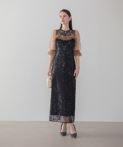 Leja(レジャ)の「【LEJA】チュールギャザーフラワースパンコールIラインワンピースオケージョンドレス(ドレス・レディース・ブラック/グレー・SMALL/MEDIUM)」の7枚目の写真
