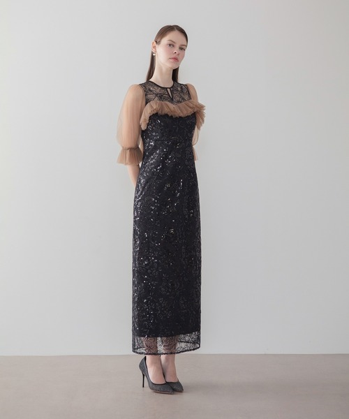 Leja(レジャ)の「【LEJA】チュールギャザーフラワースパンコールIラインワンピースオケージョンドレス(ドレス・レディース・ブラック/グレー・SMALL/MEDIUM)」の5枚目の写真
