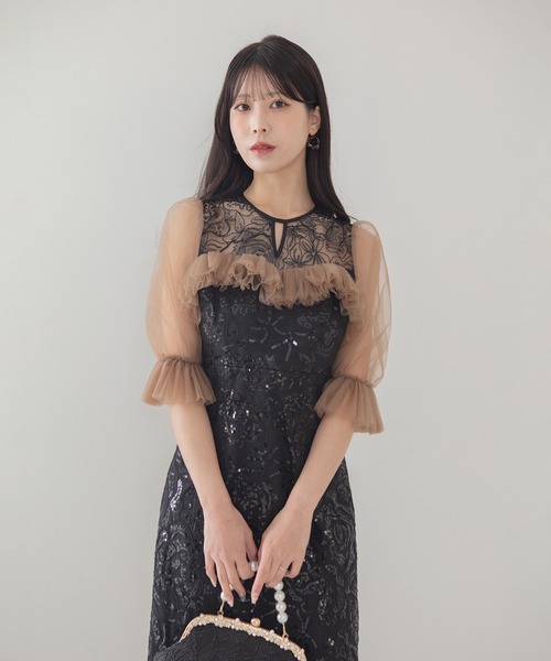 Leja(レジャ)の「【LEJA】チュールギャザーフラワースパンコールIラインワンピースオケージョンドレス(ドレス・レディース・ブラック/グレー・SMALL/MEDIUM)」の22枚目の写真