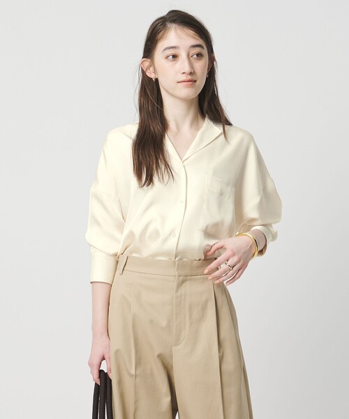 UNITED ARROWS(ユナイテッドアローズ)の「シルクライク オープンカラー シャツ(シャツ/ブラウス・レディース・ライム/ダークブラウン/オフホワイト/ブラック・FREE)」の2枚目の写真