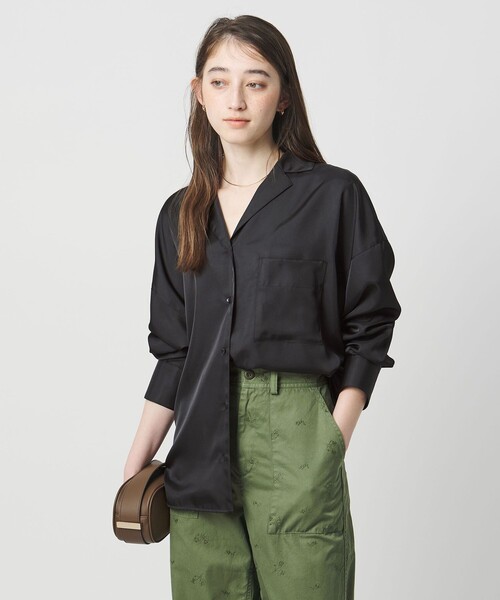 UNITED ARROWS(ユナイテッドアローズ)の「シルクライク オープンカラー シャツ(シャツ/ブラウス・レディース・ライム/ダークブラウン/オフホワイト/ブラック・FREE)」の3枚目の写真