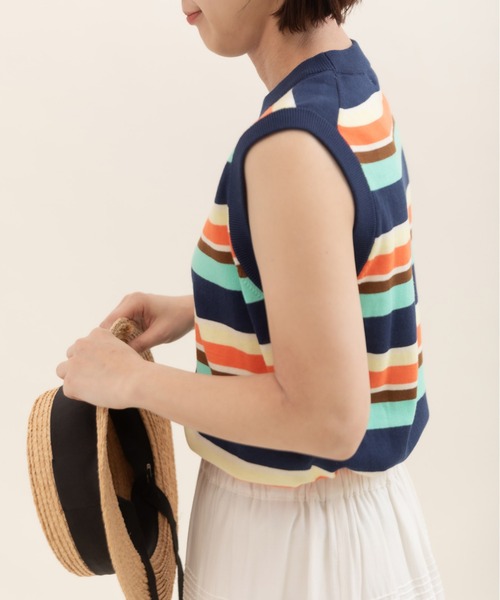CHILD WOMAN（チャイルドウーマン）の「強撚綿マルチボーダー天竺 ノースリーブ（ニット/セーター・レディース・レッド/ネイビー・FREE）」の12枚目の写真