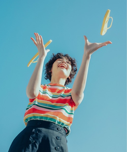 CHILD WOMAN（チャイルドウーマン）の「強撚綿マルチボーダー天竺 ノースリーブ（ニット/セーター・レディース・レッド/ネイビー・FREE）」の3枚目の写真