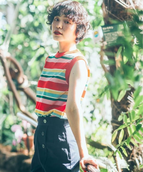 CHILD WOMAN（チャイルドウーマン）の「強撚綿マルチボーダー天竺 ノースリーブ（ニット/セーター・レディース・レッド/ネイビー・FREE）」の7枚目の写真