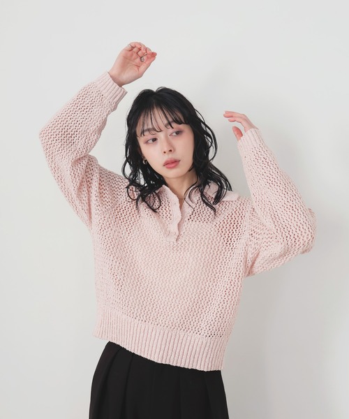 LIAN(リアン)の「MIXメッシュポロニット(ニット/セーター・レディース・ブラック/アイボリー/グレー/ピンク・FREE)」の1枚目の写真