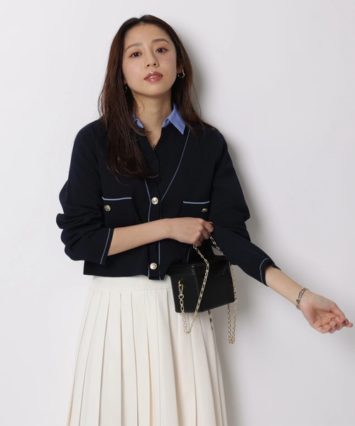 JUSGLITTY（ジャスグリッティー）の「５分袖シャツカラーＶネックアンサンブル（ニット/セーター・レディース・ホワイト/コーラルピンク/グレー/ピンクベージュ/ネイビー・2）」の4枚目の写真