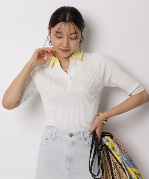 JUSGLITTY（ジャスグリッティー）の「５分袖シャツカラーＶネックアンサンブル（ニット/セーター・レディース・ホワイト/コーラルピンク/グレー/ピンクベージュ/ネイビー・2）」の19枚目の写真