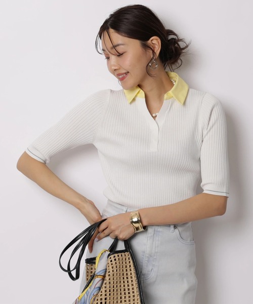 JUSGLITTY（ジャスグリッティー）の「５分袖シャツカラーＶネックアンサンブル（ニット/セーター・レディース・ホワイト/コーラルピンク/グレー/ピンクベージュ/ネイビー・2）」の20枚目の写真