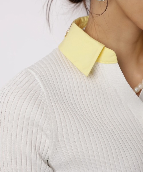 JUSGLITTY（ジャスグリッティー）の「５分袖シャツカラーＶネックアンサンブル（ニット/セーター・レディース・ホワイト/コーラルピンク/グレー/ピンクベージュ/ネイビー・2）」の21枚目の写真