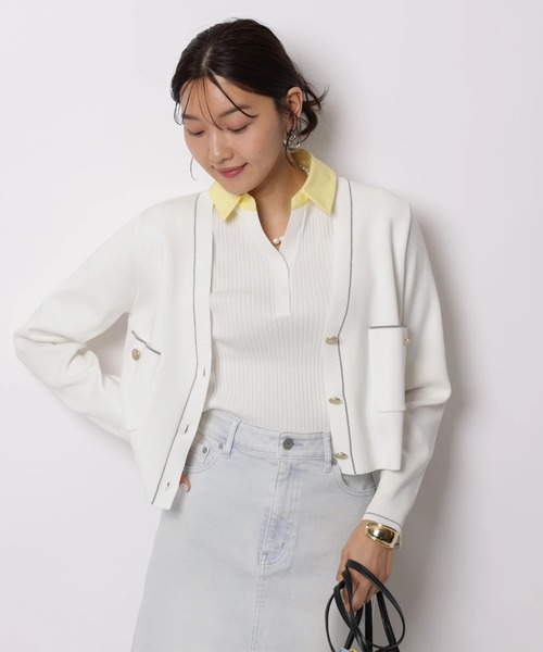 JUSGLITTY（ジャスグリッティー）の「５分袖シャツカラーＶネックアンサンブル（ニット/セーター・レディース・ホワイト/コーラルピンク/グレー/ピンクベージュ/ネイビー・2）」の6枚目の写真