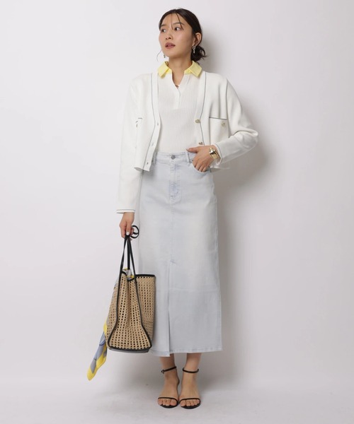 JUSGLITTY（ジャスグリッティー）の「５分袖シャツカラーＶネックアンサンブル（ニット/セーター・レディース・ホワイト/コーラルピンク/グレー/ピンクベージュ/ネイビー・2）」の8枚目の写真