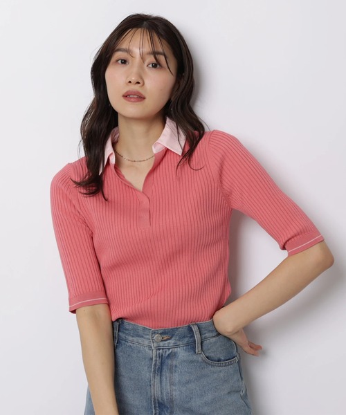 JUSGLITTY（ジャスグリッティー）の「５分袖シャツカラーＶネックアンサンブル（ニット/セーター・レディース・ホワイト/コーラルピンク/グレー/ピンクベージュ/ネイビー・2）」の11枚目の写真